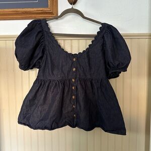 Navy Blue Scalloped Button-Up Top